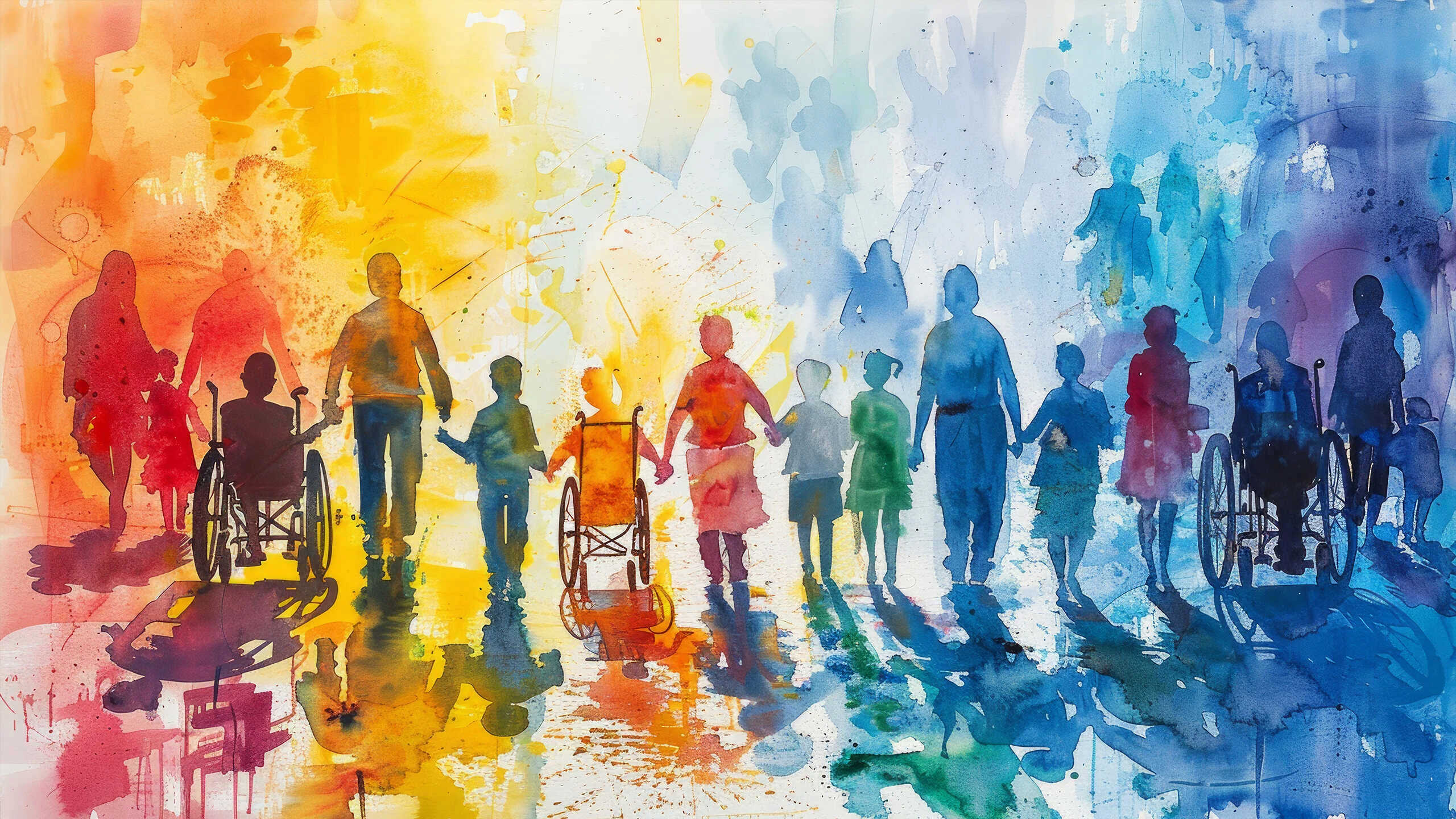 Aquarellbild mit Silhouetten von Menschen.