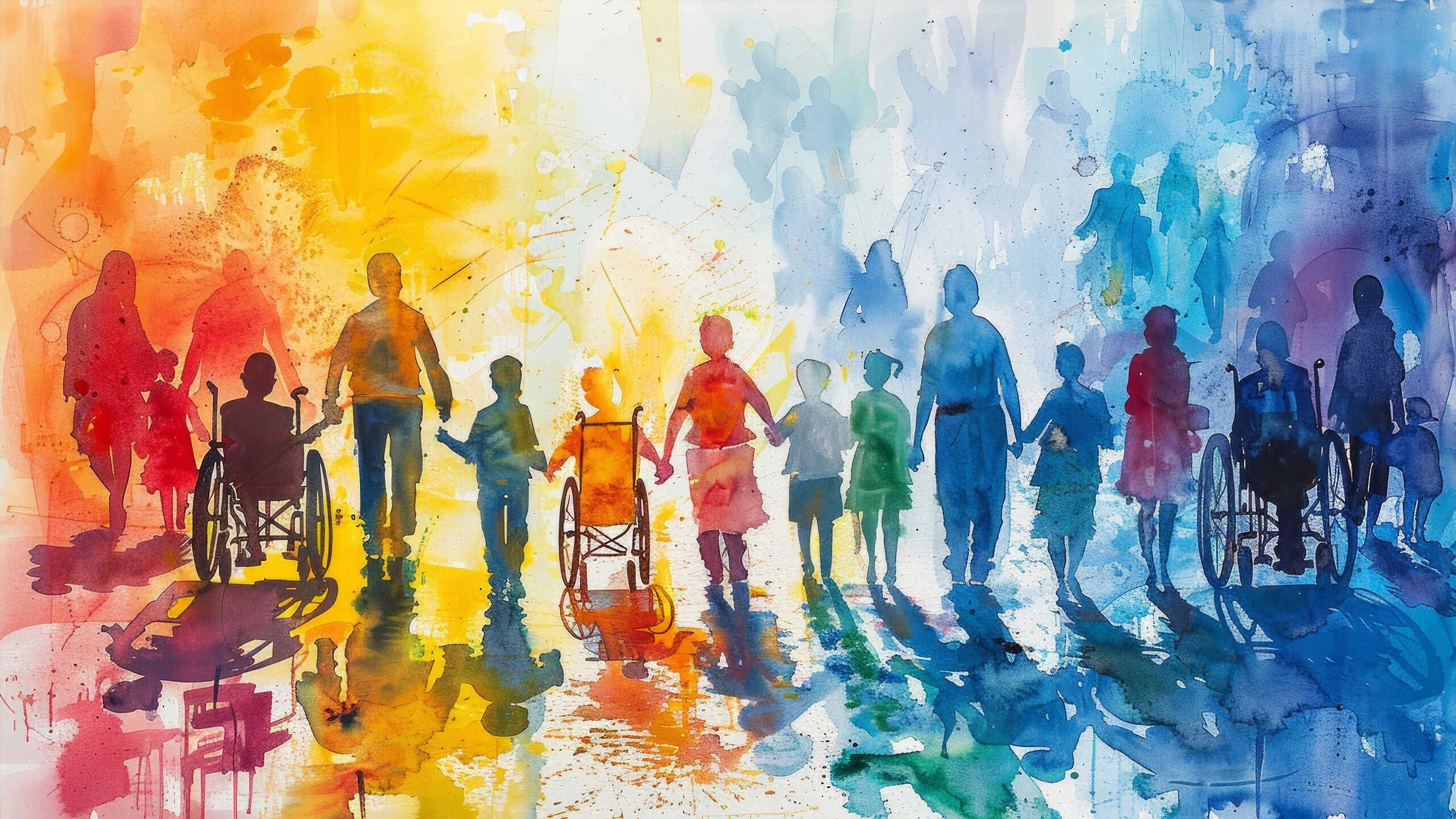 Aquarellbild mit Silhouetten von Menschen in verschiedenen Posen, darunter Kinder und Erwachsene, einige im Rollstuhl. Farben reichen von Gelb über Orange bis Blau.