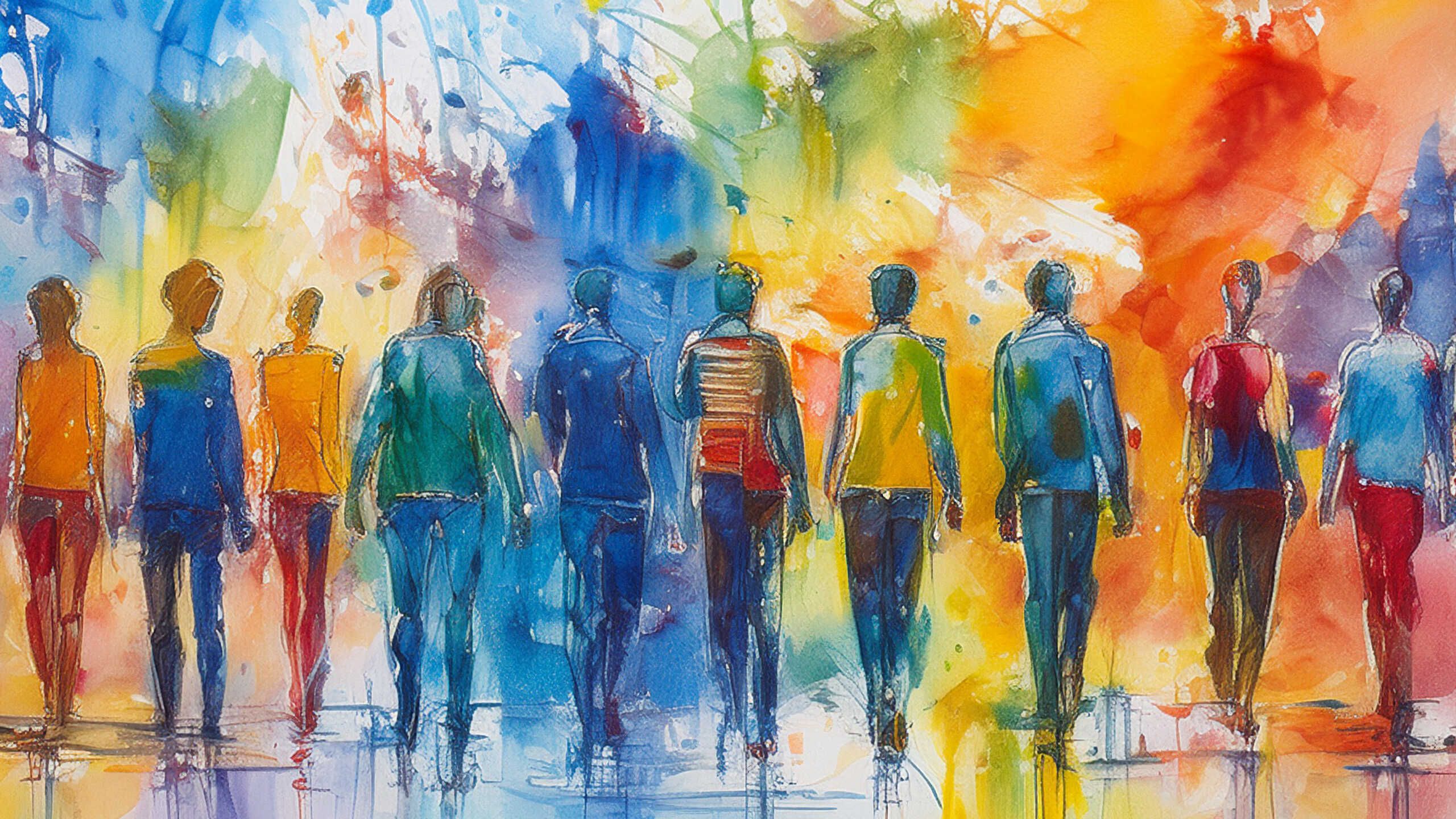 Aquarellzeichnung von zehn Personen.